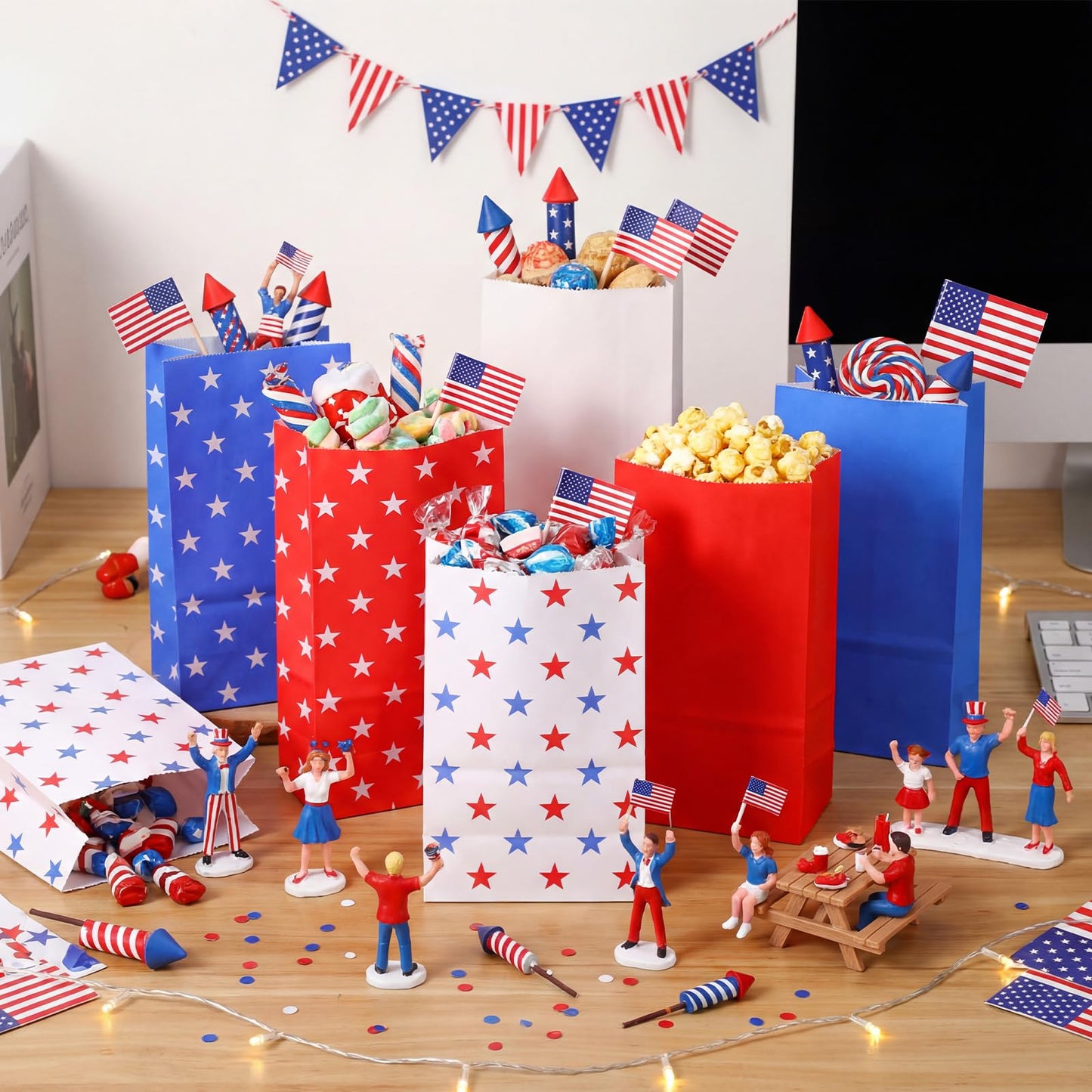 Sweetude 72 Pack Patriotic Treat Bags 4th of July Candy Bags American Flags Party Favor Bag Red White Blue Paper Gift Bag for Patriotic Party Favors Independence Day Supplies Memorial Gift Wrap
