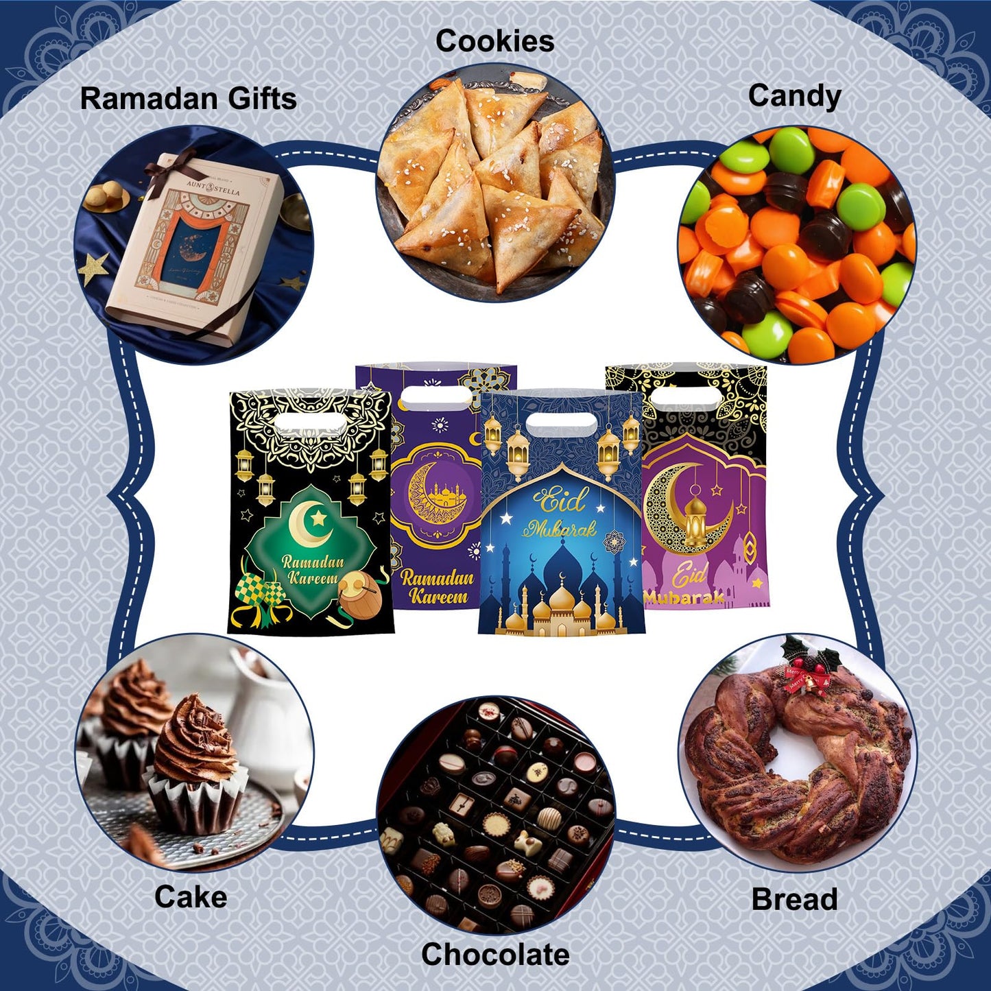 50 Pcs Ramadan Gift Bags with Handles - Eid Mubarak Goodie Bag, Ramadan Kareem Plastic Goody Candy Cookie Snack Treat Party Favor Bags Bulk for Islamic Muslim Eid Mubarak Party Supplies Favors,4 Style