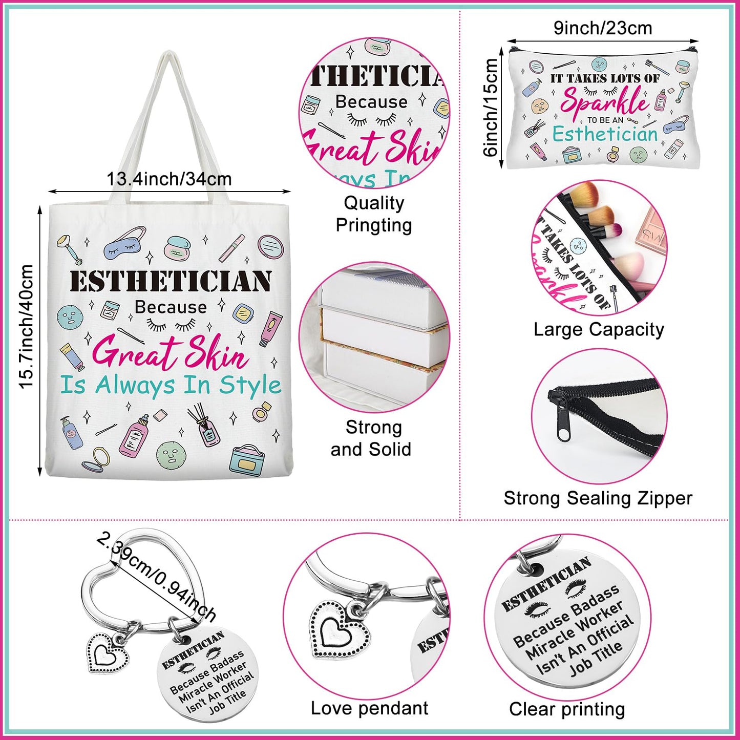 4 Pcs Esthetician Gifts Set 16oz Glass Tumbler with Straws Canvas Tote Bag Zipper Makeup Bag Esthetician Keychain Graduation Appreciation Gifts for Women Beautician Skin Therapist Salon Stylist