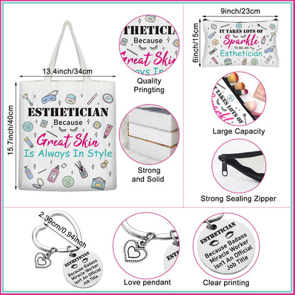 4 Pcs Esthetician Gifts Set 16oz Glass Tumbler with Straws Canvas Tote Bag Zipper Makeup Bag Esthetician Keychain Graduation Appreciation Gifts for Women Beautician Skin Therapist Salon Stylist