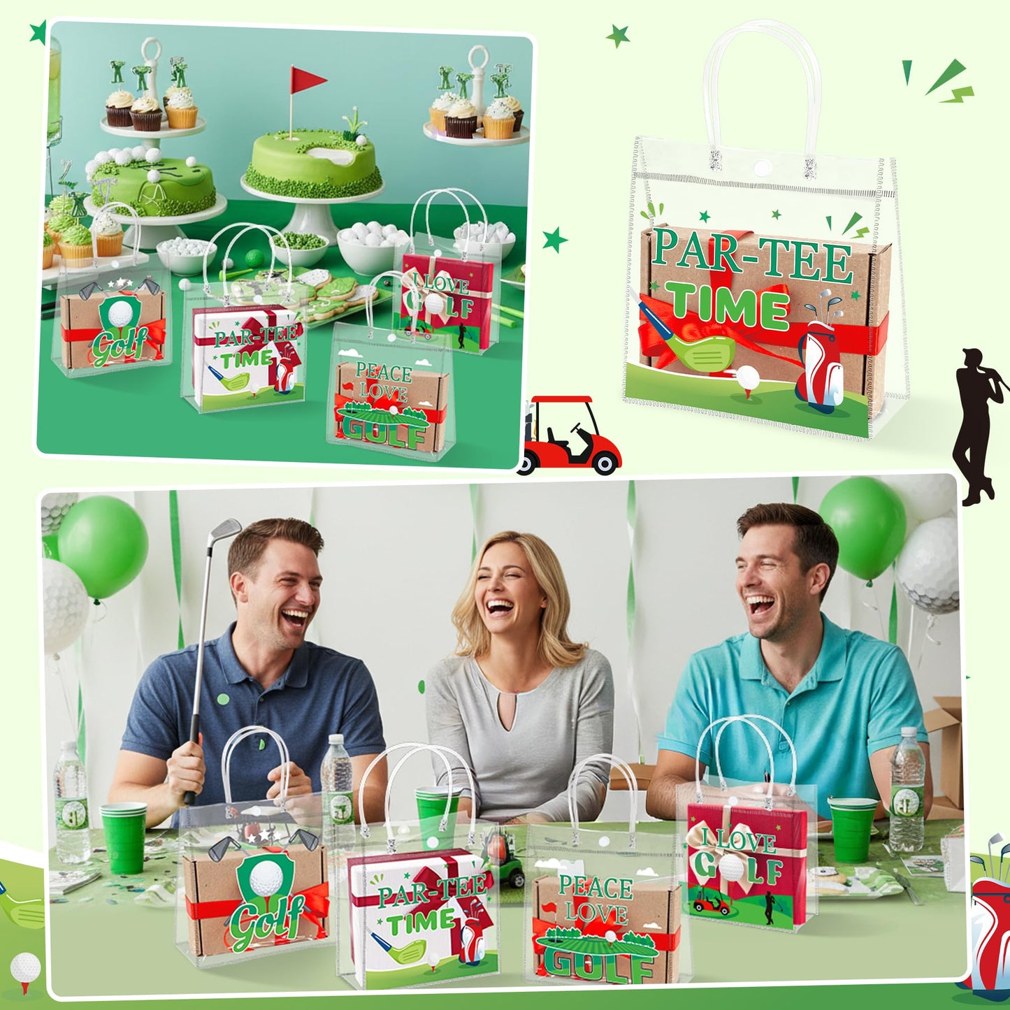 H1vojoxo Golf Party Gift Bags - 24PCS Golf Clear PVC Gift Bags with Handle Reusable Masters Themed Party Goodie Bag for Fathers Day Portable Sports Ball Candy Treat Bag for Birthday Party Decorations