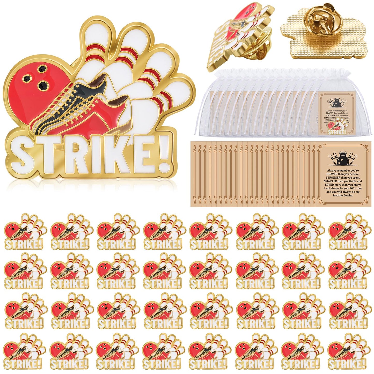 Misdary Bowling Lapel Pins Gifts Include Bowling Pins Cards Organza Bags for Player Sports Lover Birthday Party Favors Game Awards for Backpack Purse Bag Jackets Backpacks Souvenirs Charms