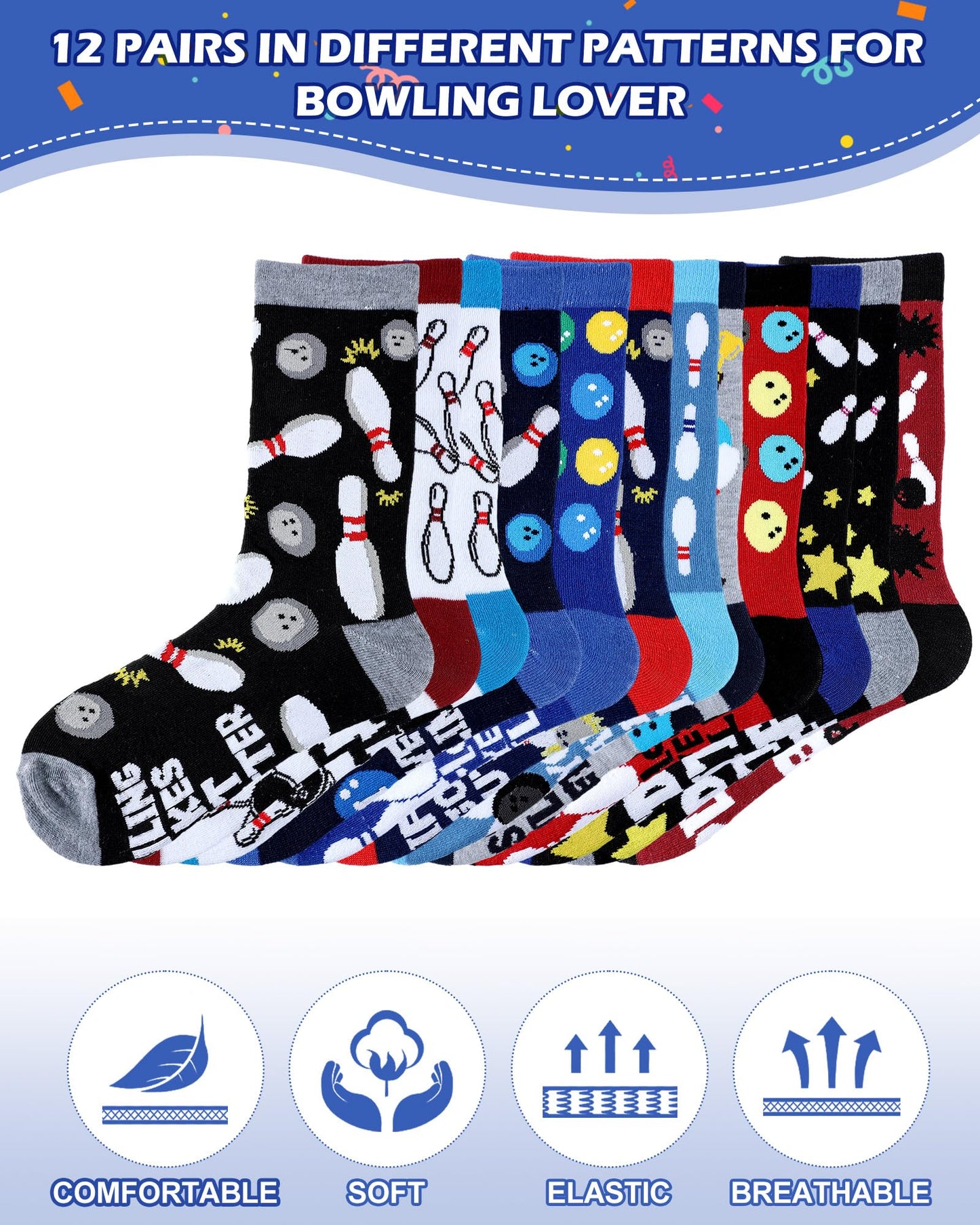 Patelai 12 Pairs Funny Bowling Socks for Men Novelty Sport Cotton Crew Socks Accessories for Bowling Lover Team Player Gifts