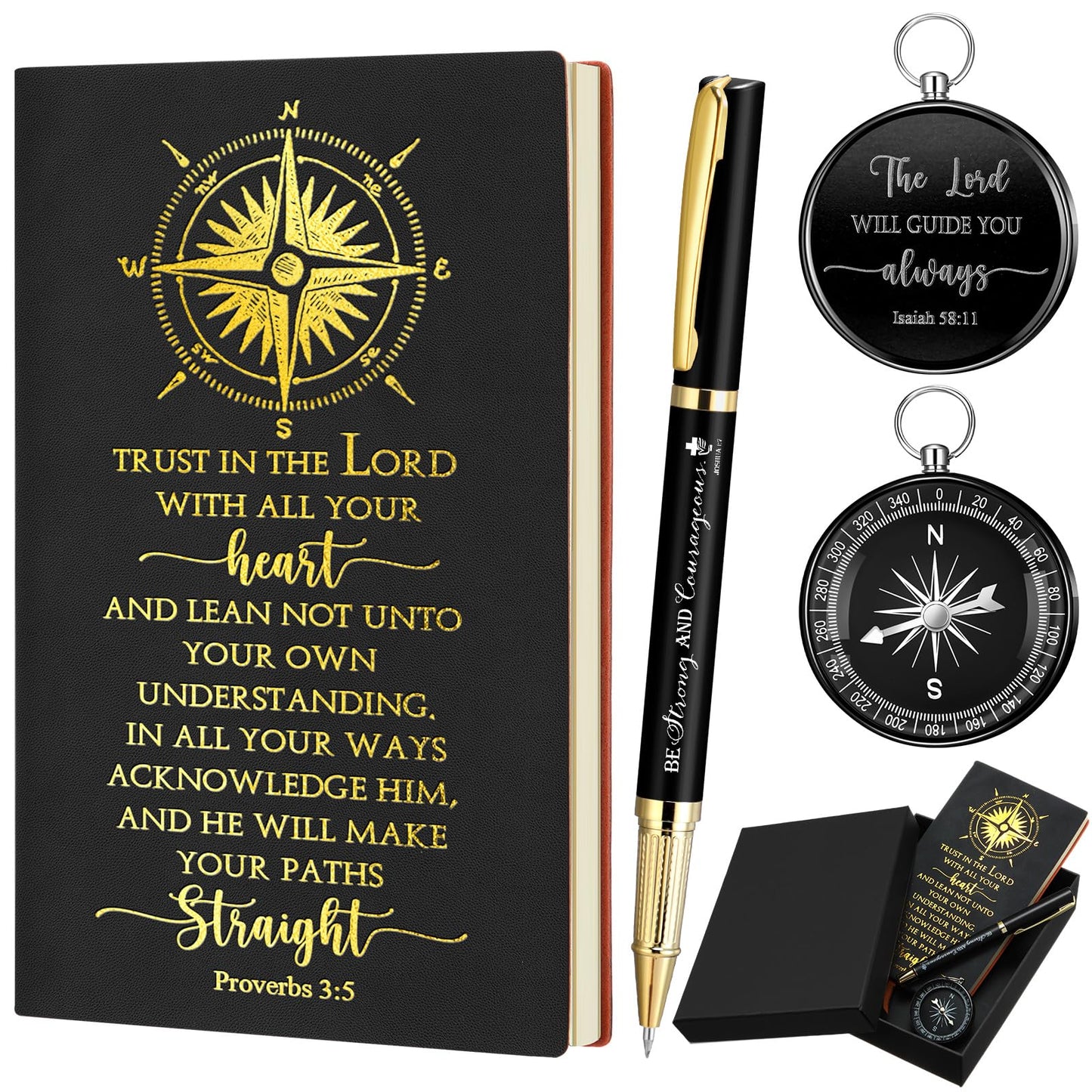 Fuyoooo 4 Pcs Christian Graduation Gifts Baptism Gift for Men Bible Journal Religious Engraved Compass Bible Pen for First Communion Father's Day