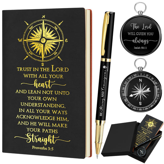 Fuyoooo 4 Pcs Christian Graduation Gifts Baptism Gift for Men Bible Journal Religious Engraved Compass Bible Pen for First Communion Father's Day