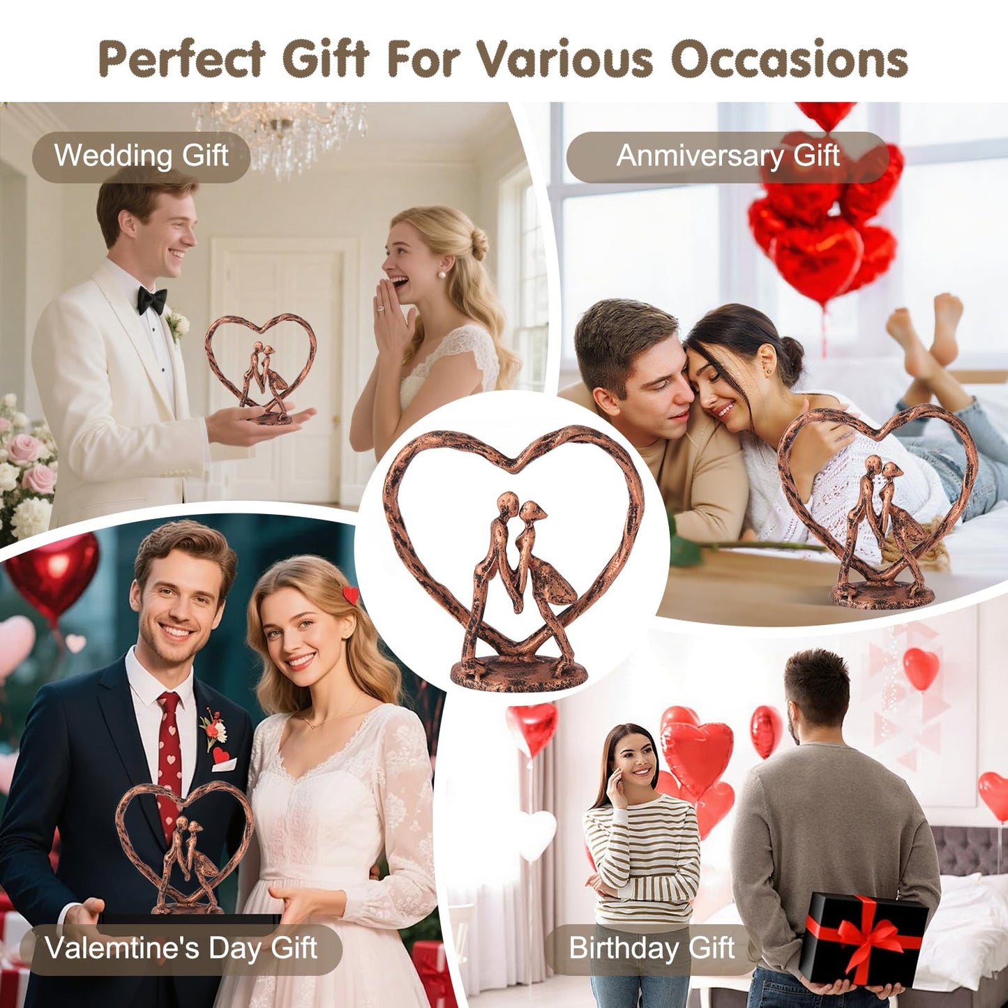 Anniversary Wedding Gift for Her Wife Husband Couple，Antique Bronze Metal Couple Figurine Heart Sculpture Love Statue,Romantic 1st to 60th Anniversary,Includes Gift Box and Gift Card,Valentines Gifts