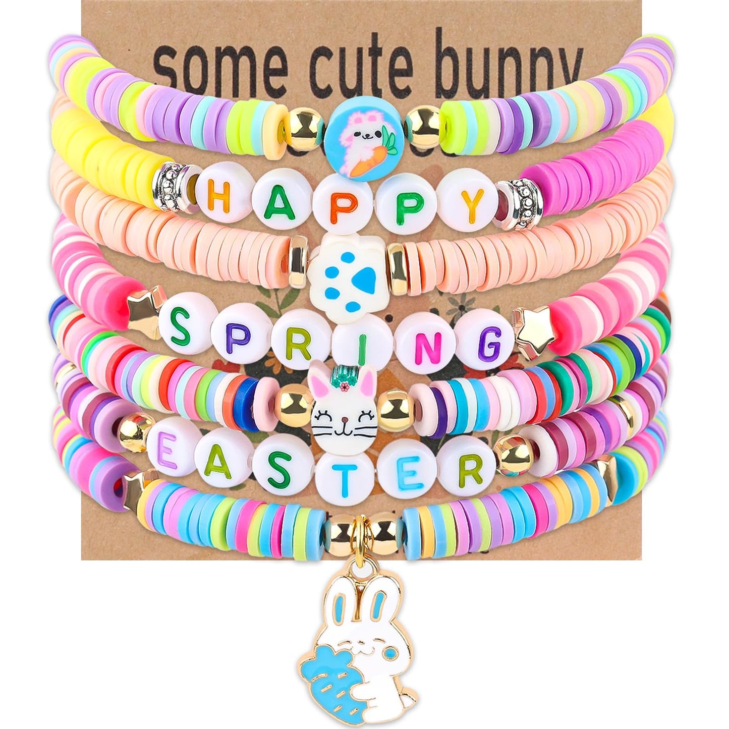7Pcs Easter Bunny Basket Gifts Bracelet, Easter Gifts for Girls Women Stackable Boho Clay Party Elastic Stretch Bracelets