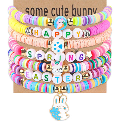 7Pcs Easter Bunny Basket Gifts Bracelet, Easter Gifts for Girls Women Stackable Boho Clay Party Elastic Stretch Bracelets