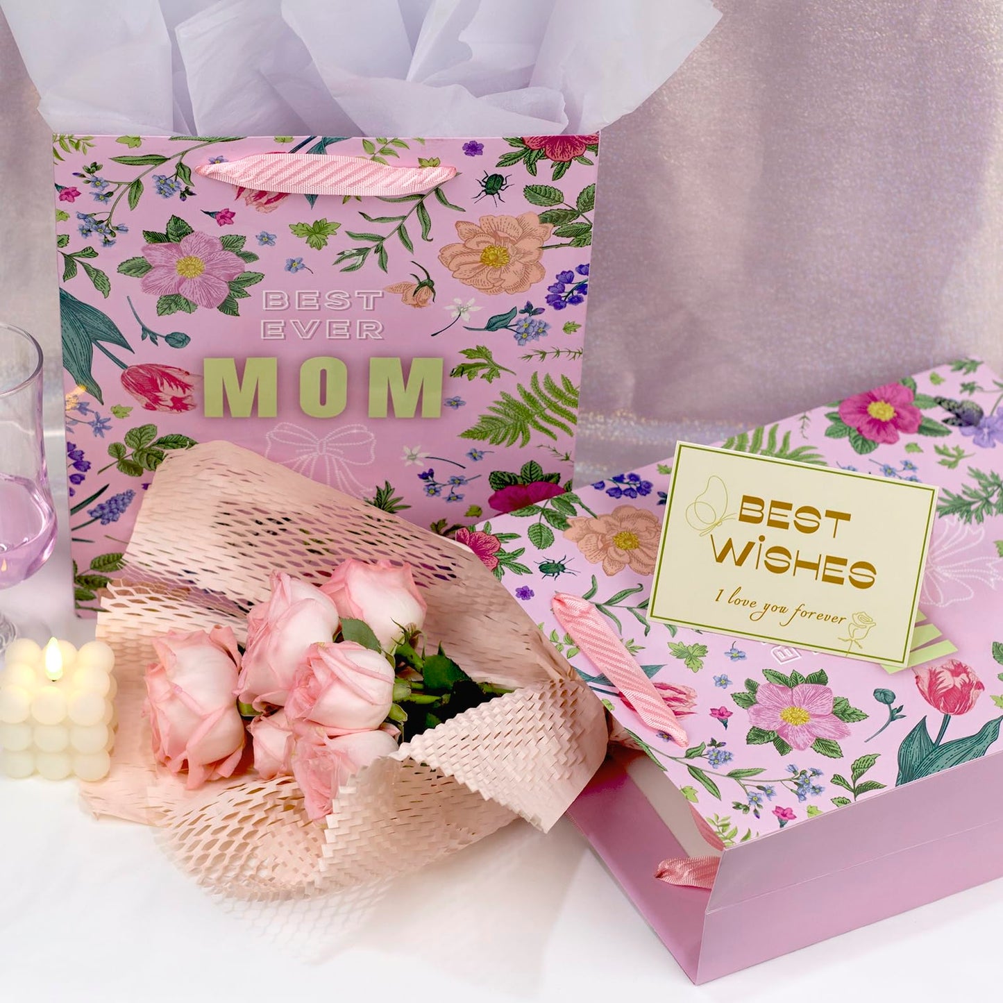 2 Pack 13" Large Mother Day Gift Bags with Handles, Pink Floral Gift Bags with Tissue Paper & Cards for Mom Grandma Women Holiday Birthday Mothers Day Gift Bags