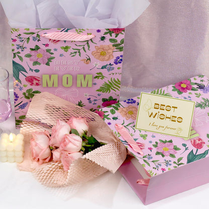 2 Pack 13" Large Mother Day Gift Bags with Handles, Pink Floral Gift Bags with Tissue Paper & Cards for Mom Grandma Women Holiday Birthday Mothers Day Gift Bags