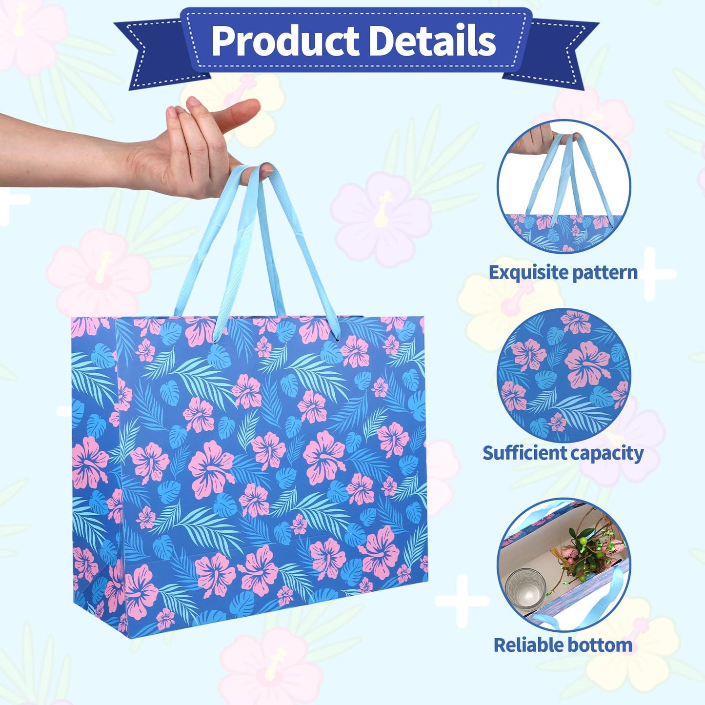 SAVITA Cute Hawaii Gift Bag Set, Blue & Pink Cartoon Party Favors Gift Goodie Bag Set with 3 Tissue Paper Envelopes Greeting Birthday Cards Hawaiian Favor Wrap for Baby Shower Holiday Party Supplies