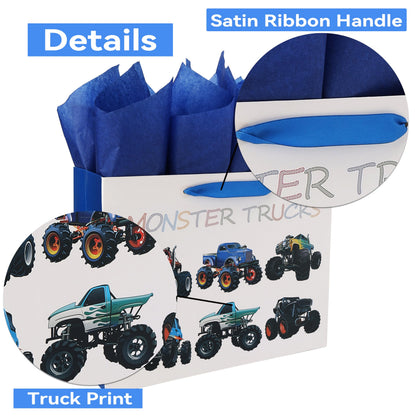 13" Large Birthday Gift Bags Set with Greeting Card and Tissue Paper (Monster Trucks Design) for boys, Kids, Baby boy,Baby Shower,Newborn,New Moms or Parents -13”x5.2”x10.2”, 1 Pcs
