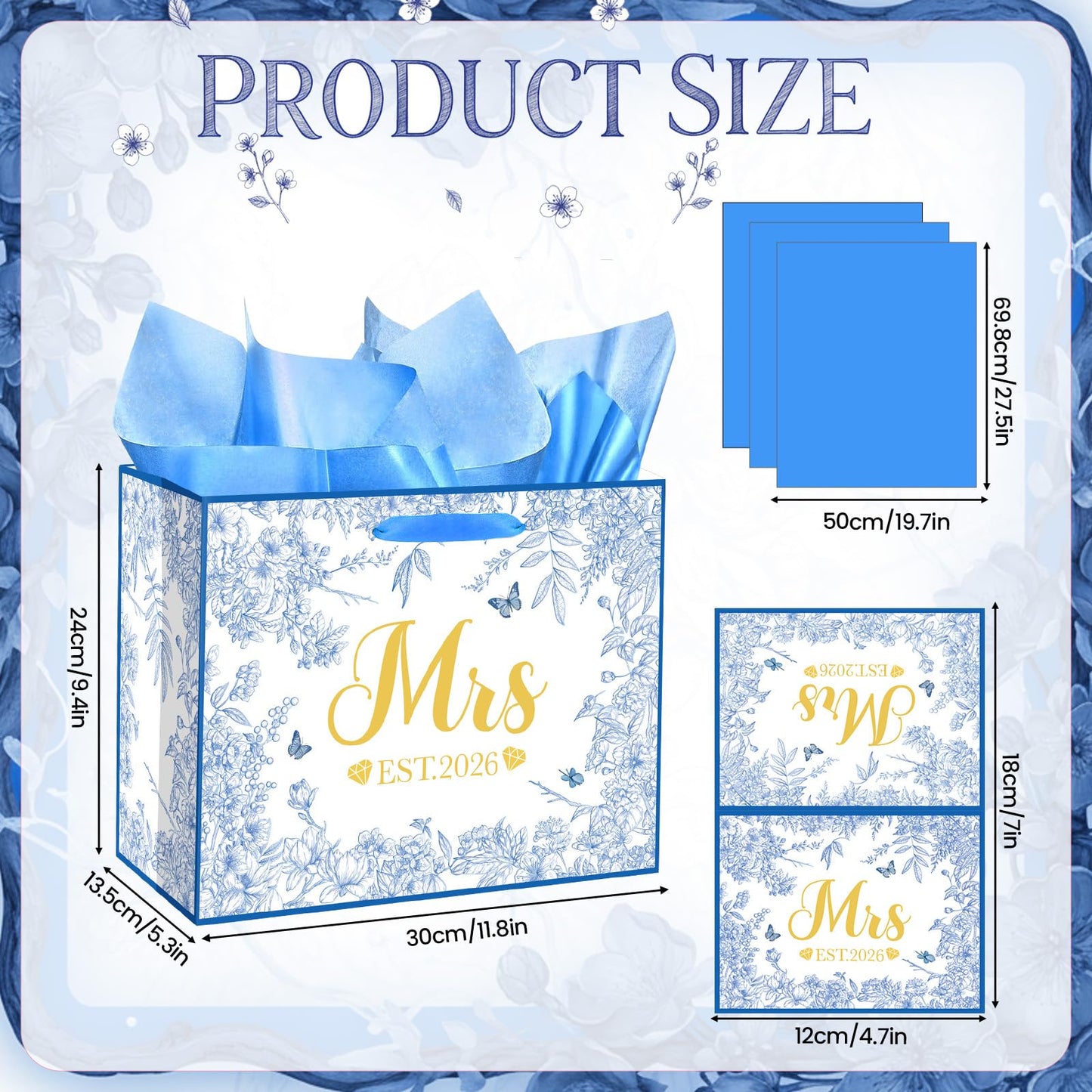 Woosytoo EST 2026 Mrs Bride Gift Bag Blue Bridal Shower Gift Bag with Tissue Paper and Card Mrs 2026 Wedding Gift Bag for Butterfly Bridal Shower Bachelorette Party Engagement Decor Supplies