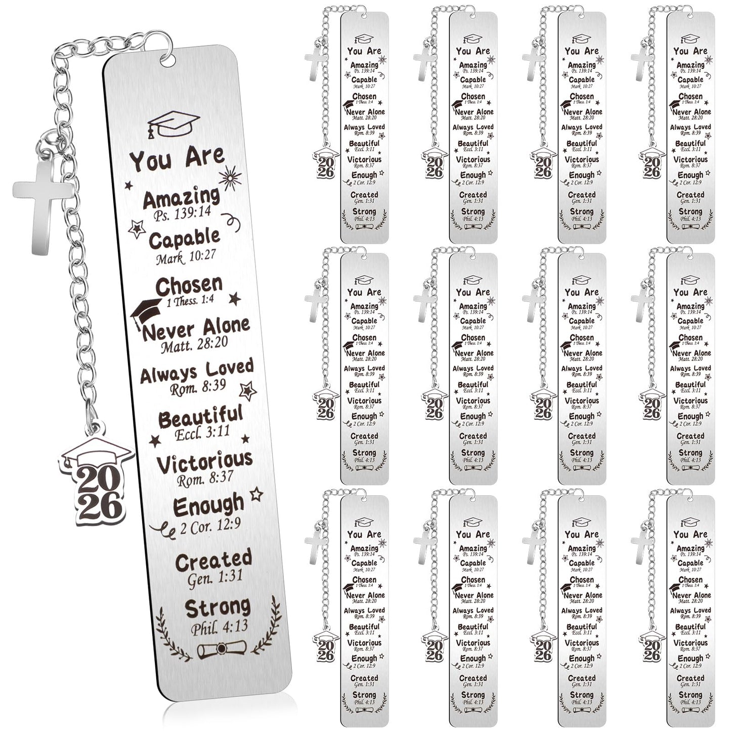 Skyygemm 12 Pcs Metal Graduation Inspirational Bible Verse Christian Bookmarks Cross Chain Class of 2026 Graduation Gifts Christian Religious Gifts for Him Her College High Middle School Students Grad