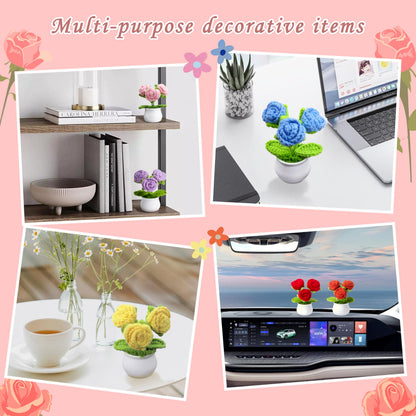 LAIDANLA Crochet Flowers Blue Roses Mini Potted, Handmade Blue Rose Anniversary Appreciation Birthday Gifts for Women Friend Teacher Coworker Mom Sister Knitted Flower for Desk Car