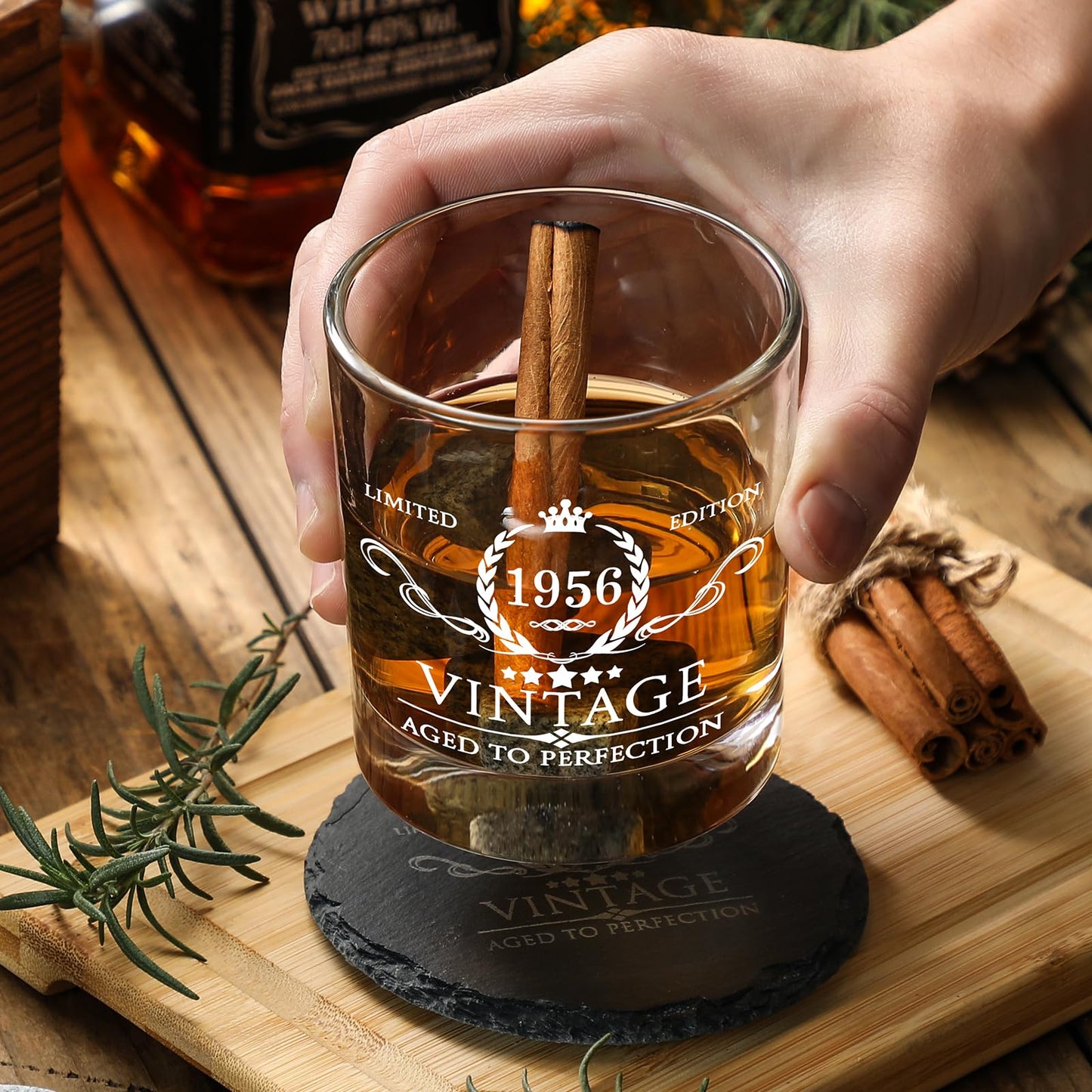 70th Birthday Gifts for Men Whiskey Glass Set - 70th Birthday Decorations, Party Supplies - 70 Years Anniversary, Bday Gifts Ideas for Him, Dad, Husband, Friends - Wood Box & Whiskey Stones & Coaster