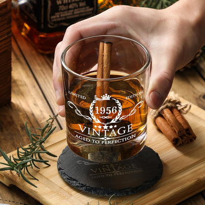 70th Birthday Gifts for Men Whiskey Glass Set - 70th Birthday Decorations, Party Supplies - 70 Years Anniversary, Bday Gifts Ideas for Him, Dad, Husband, Friends - Wood Box & Whiskey Stones & Coaster
