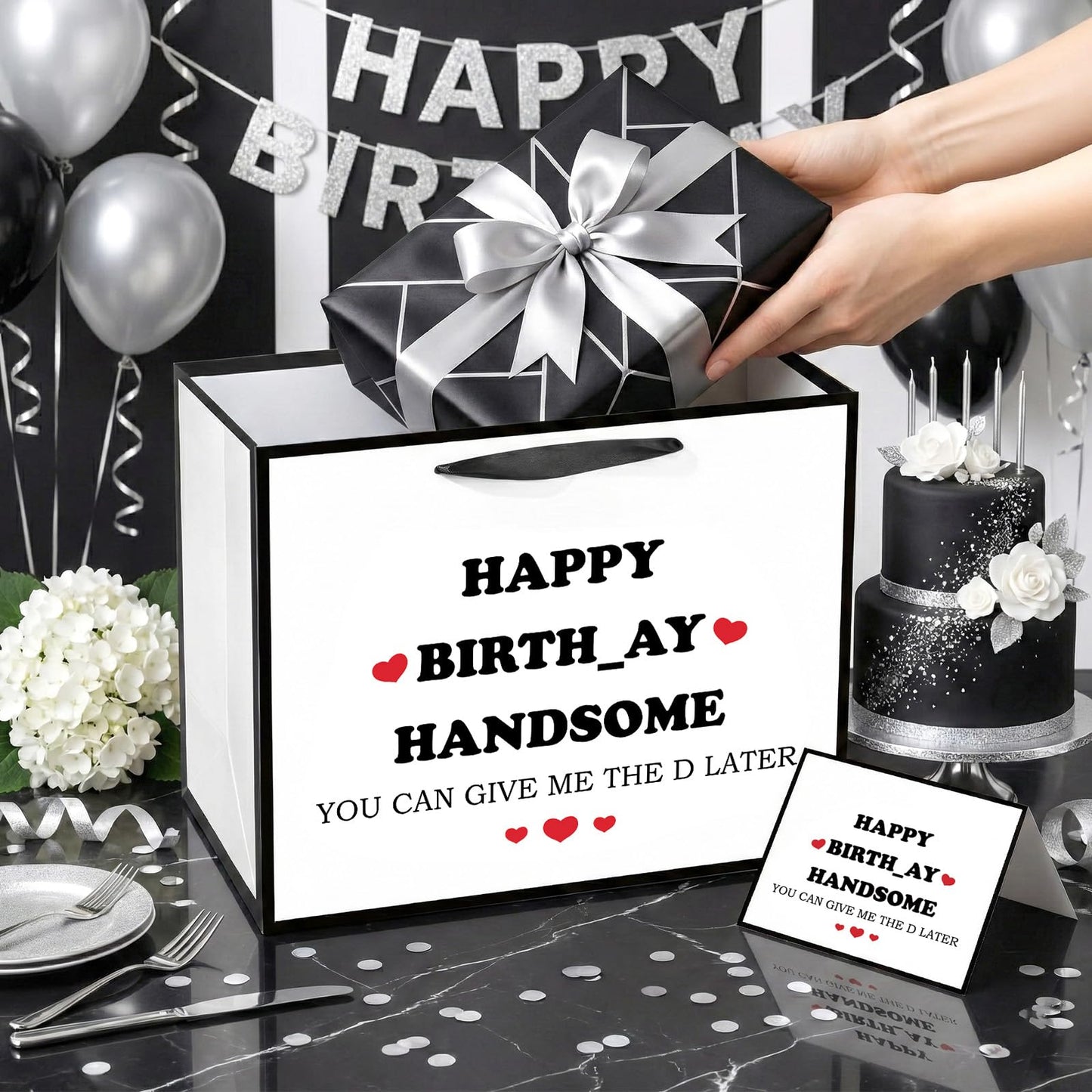 Funny Birthday Gift Bag for Men Boys Funny Gift Bag with Tissue Paper Greeting Card Happy Birthday Handsome Wrapping Bags for Men Husband Boyfriend Brother Retirement Party Decoration Supplies