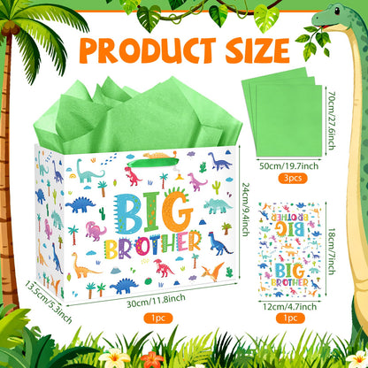 Big Brother Gift Bag for Boys, Cute Big Bro Gift Bag with Tissue Paper and Greeting Card Green Wrapping Paper Cartoon Dinosaur New Brother Party Decoration for Little Boy Birthday Party Supplies