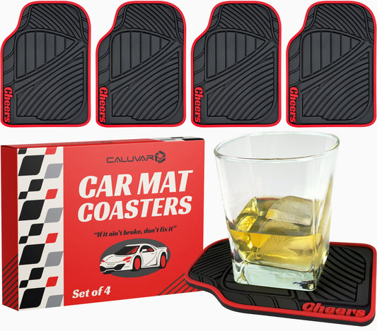 Car Mat Coasters Set of 4 Red Cheers Sign 6x4in, Funny Car Lovers and Racing Fans Gift, Silicone Drink Coasters, Dishwasher Safe, Man Cave Accessories, Mechanic Gift for Car Guys