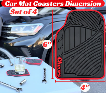 Car Mat Coasters Set of 4 Red Cheers Sign 6x4in, Funny Car Lovers and Racing Fans Gift, Silicone Drink Coasters, Dishwasher Safe, Man Cave Accessories, Mechanic Gift for Car Guys