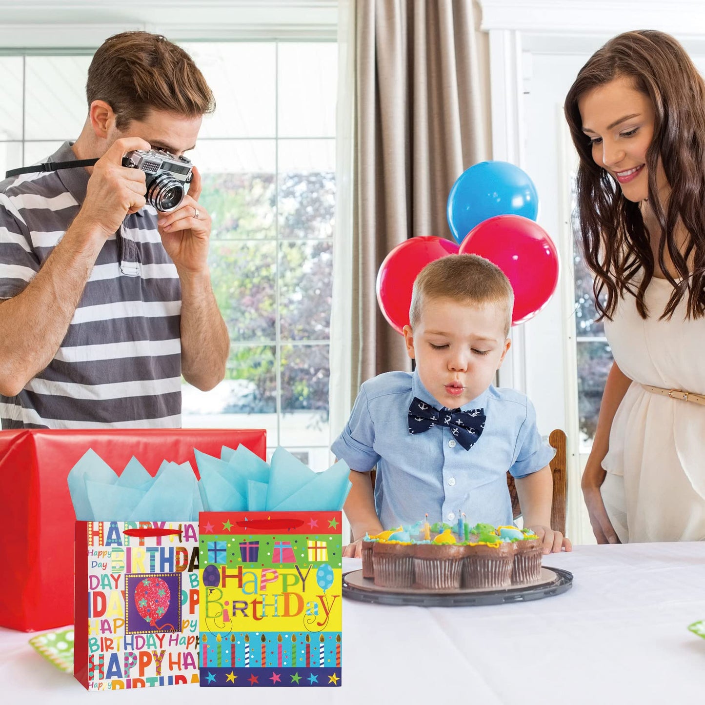 2-Pack 12.6" Large Happy Birthday Gift Bags for Birthday Party with Tissue Paper