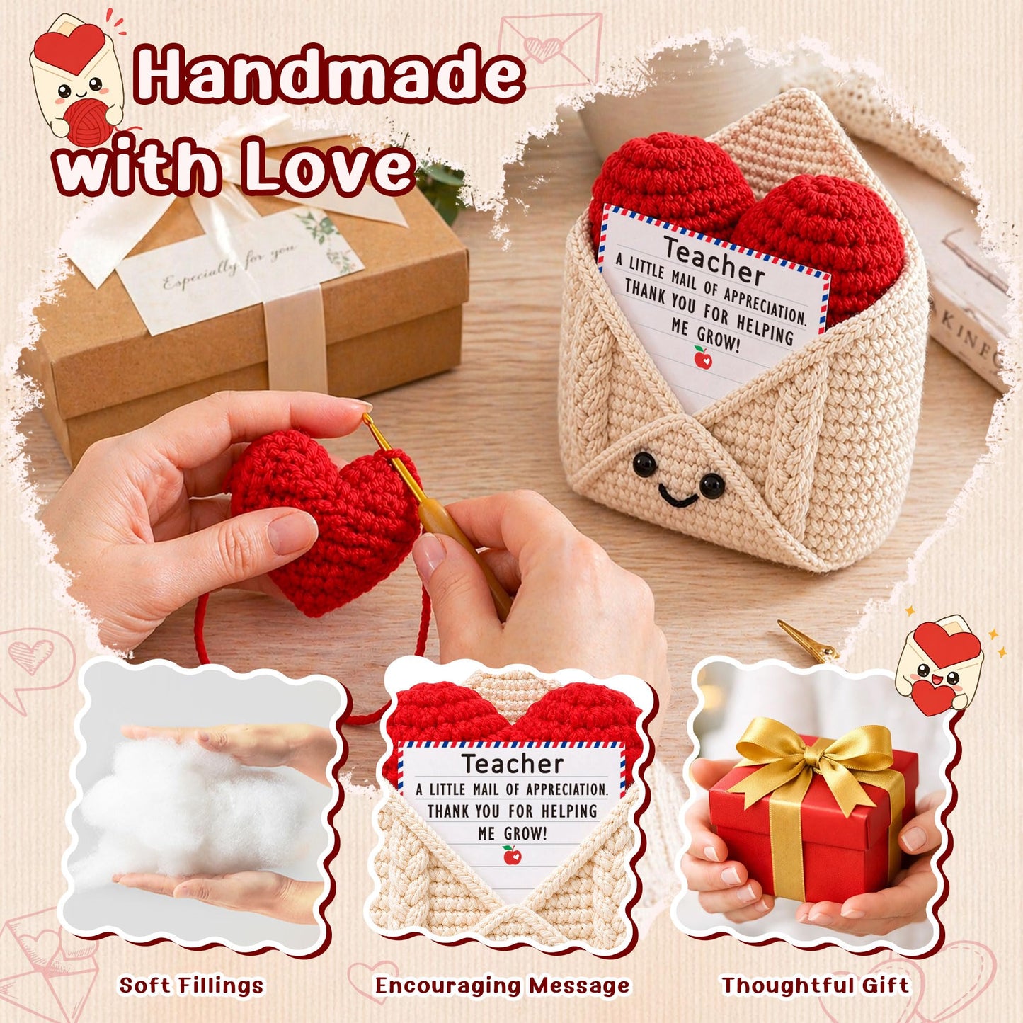 Teacher Gifts, Teacher Appreciation Gifts, Thank You Gift for Teachers Mentor Educator, Gift Idea for Teacher's Day Birthday Graduation Retirement Christmas Valentines, Handmade Crochet Heart Envelope