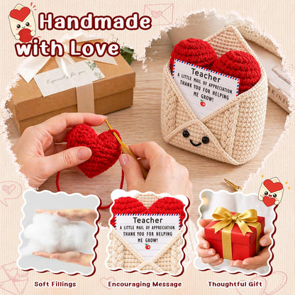 Teacher Gifts, Teacher Appreciation Gifts, Thank You Gift for Teachers Mentor Educator, Gift Idea for Teacher's Day Birthday Graduation Retirement Christmas Valentines, Handmade Crochet Heart Envelope