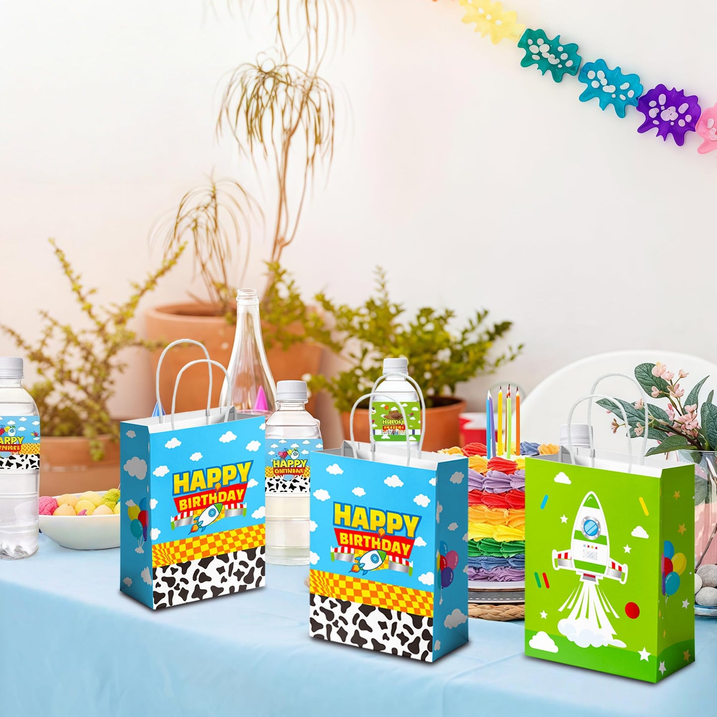 CHENRINDECO Cartoon Story Gift Bags 24PCS Cow Pattern Birthday Party Favor Bags Blue Sky White Cloud Paper Bags with Handle for Cartoon Story Themed Birthday Party Supplies