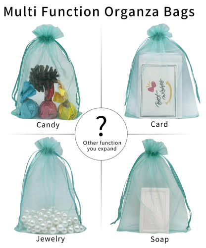 Jexila 100PCS Sheer Teal Organza Bags 4''X6' Small Mesh Drawstring Jewelry Gift Pouch for Baby Shower Wedding Party Favor Goodie Candy