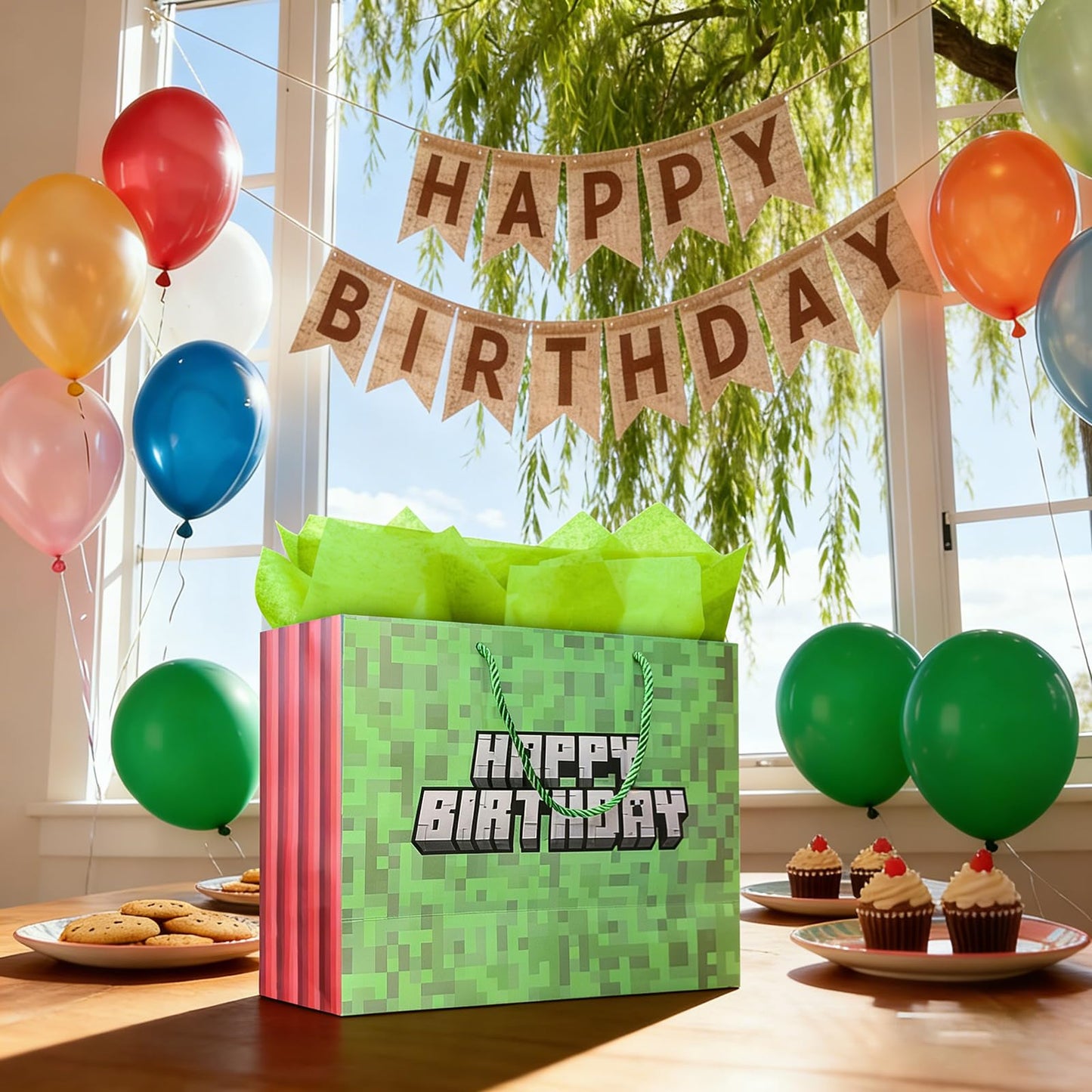 Dvngrt Birthday Goodie Bags,Pixel Party Favor Bags with Tissue Paper Greeting Card Envelope for Birthday Party
