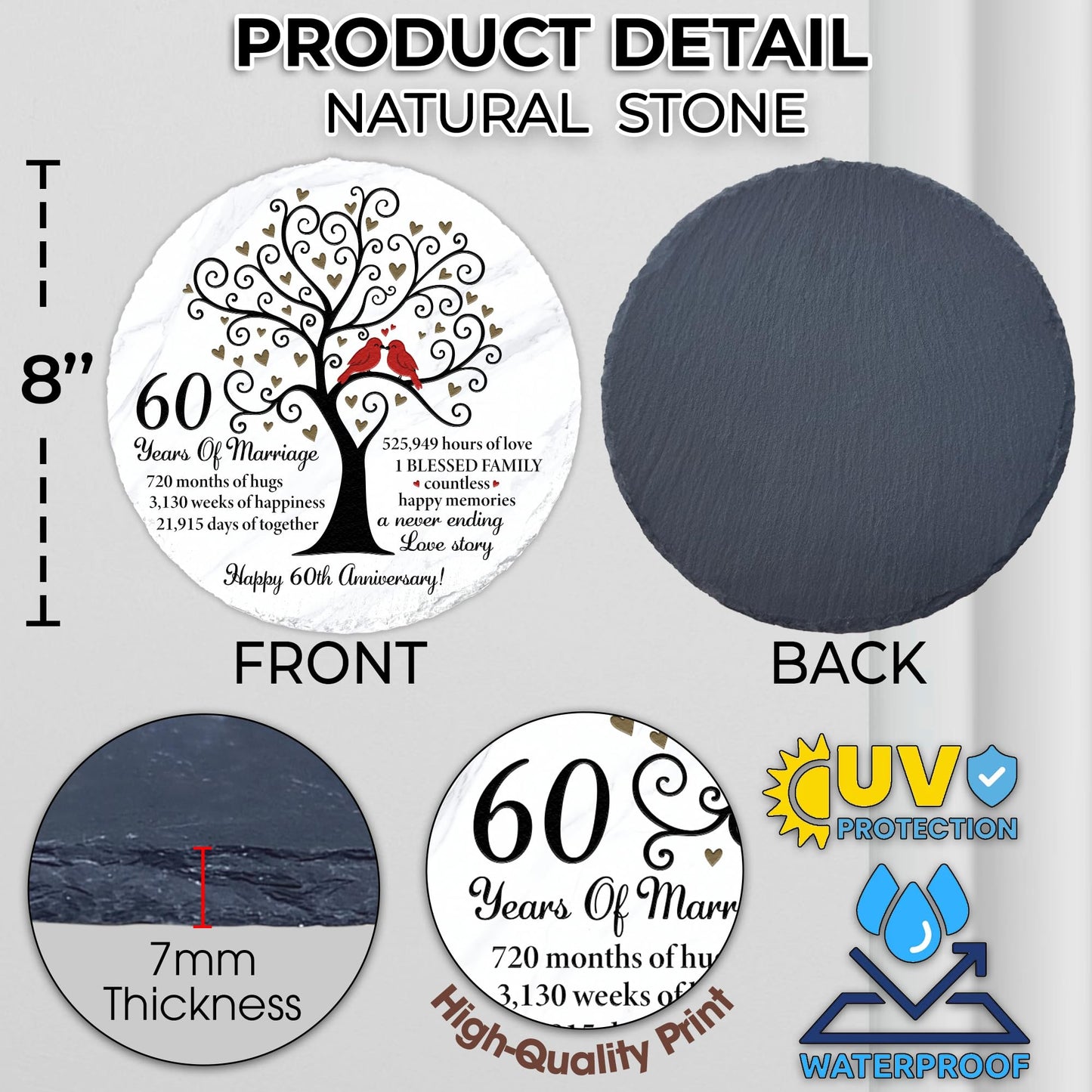 60th Anniversary Wedding Gifts - 60 Years Anniversary Slate Stone 8" with Stand, Ornament, Card - 60th Diamond Wedding Gift Set for Parents, Couple, Husband, 60 Years of Marriage Natural Stone TT-A60