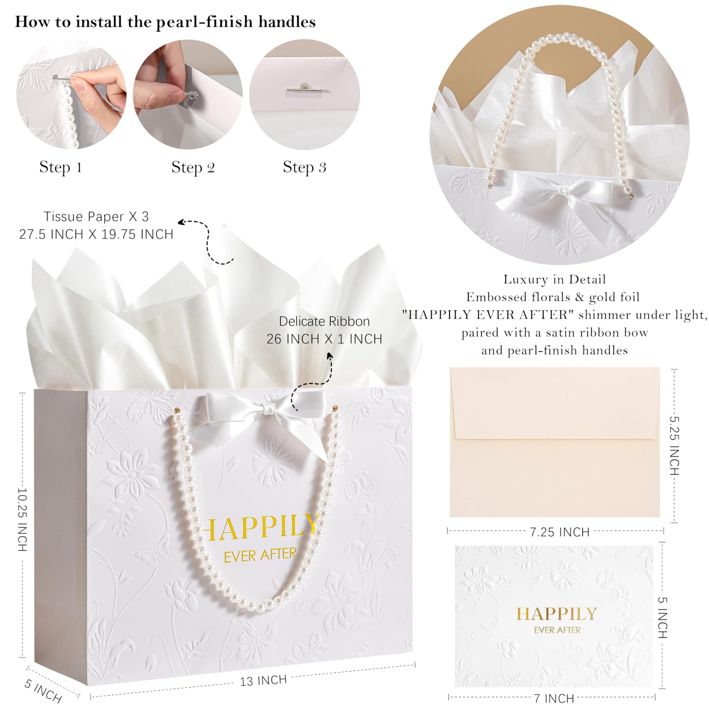 Crisky 13" Embossed Wedding Gift Bag with Pearl Handles, Large Bridal Shower Gift Bag with Greeting Card Tissue Paper Envelopes (Happily Ever After) for Bride, Women, Friends Engagement Party