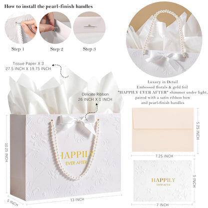 Crisky 13" Embossed Wedding Gift Bag with Pearl Handles, Large Bridal Shower Gift Bag with Greeting Card Tissue Paper Envelopes (Happily Ever After) for Bride, Women, Friends Engagement Party