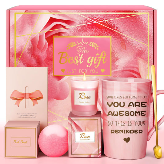 Birthday Gifts for Women, Mom, Sister, Friend: Unique Pink Self Care Spa Relaxation Baskets Set, Mothers Day, Christmas, Valentines, Holiday, Gift for Her, Girlfriend, Grandma, Wife, Bestie, Coworker