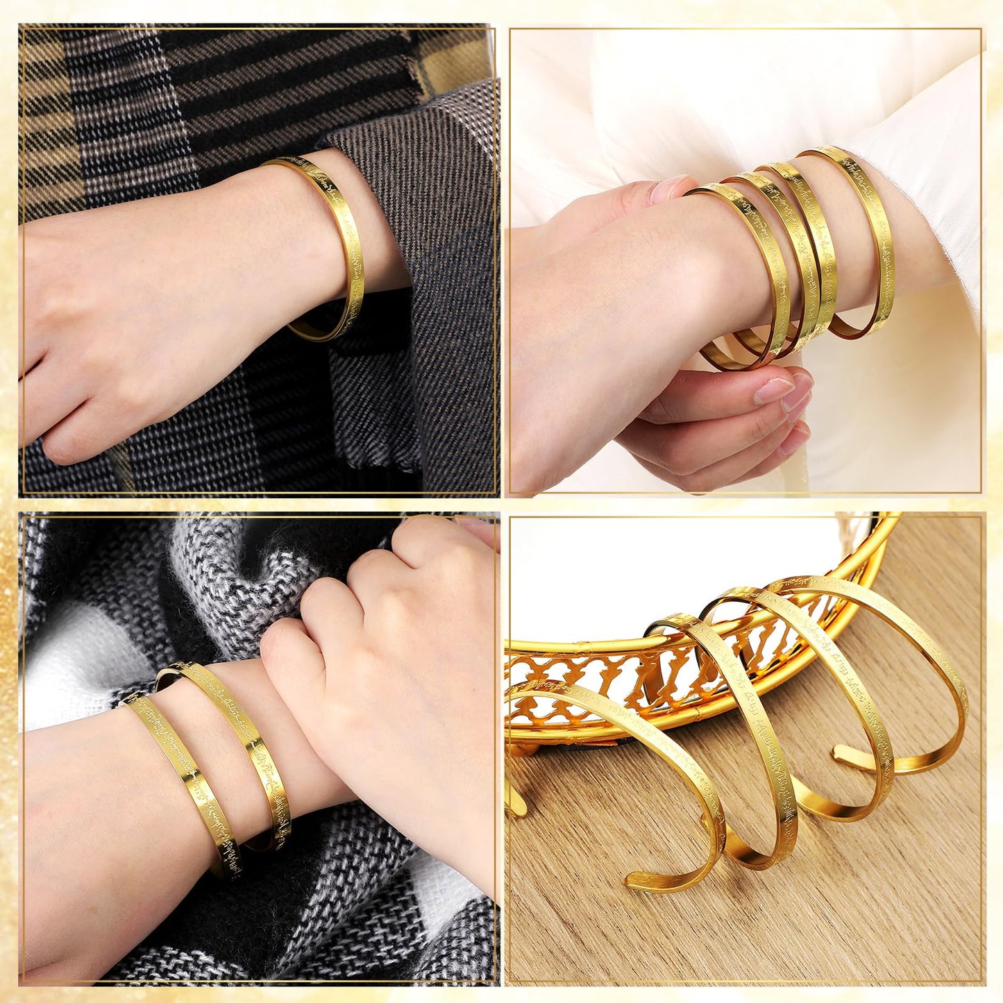Ferreve 6/12/24 Sets Eid Al-adha Ayatul Kursi Bracelets Bulk Islamic Jewelry Gifts for Women Muslim Eid Mubarak Bracelets Arabic Calligraphy Cuff Gold Bangle with Box for Islamic Party Favor