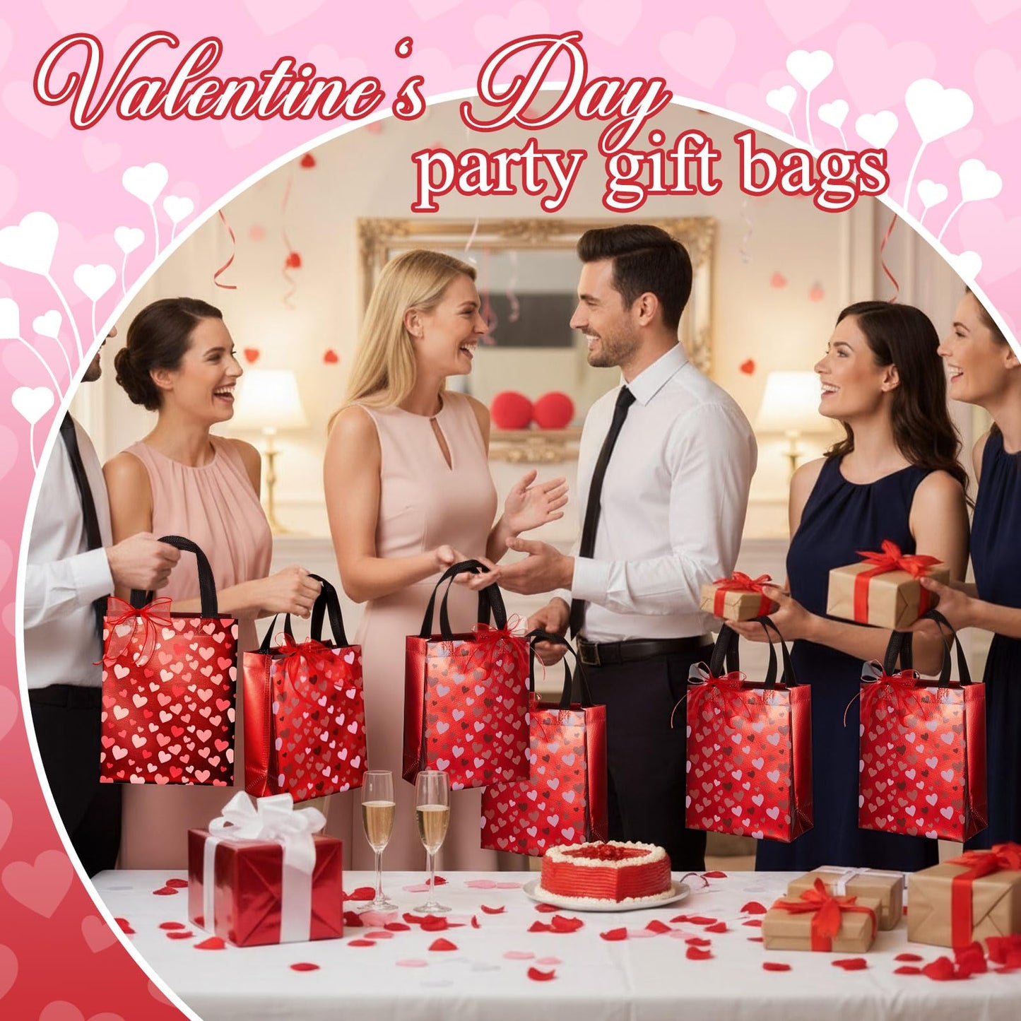Henoyso 12 Pcs Valentines Day Gift Bags, Reusable Heart Gift Bags with Handle Ribbon, Iridescent Non-woven Holographic Medium Sparkly Tote Bulk for Valentines Party Favor Goodie Wrapping, 10 x 8 x 4''