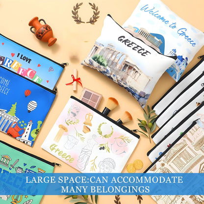 16 Pcs Cosmetic Bag Souvenir Gifts Makeup Bag Travel Vacation Zipper Pouch Purse for Women Birthday Trip Gifts Party Favors(Greece)