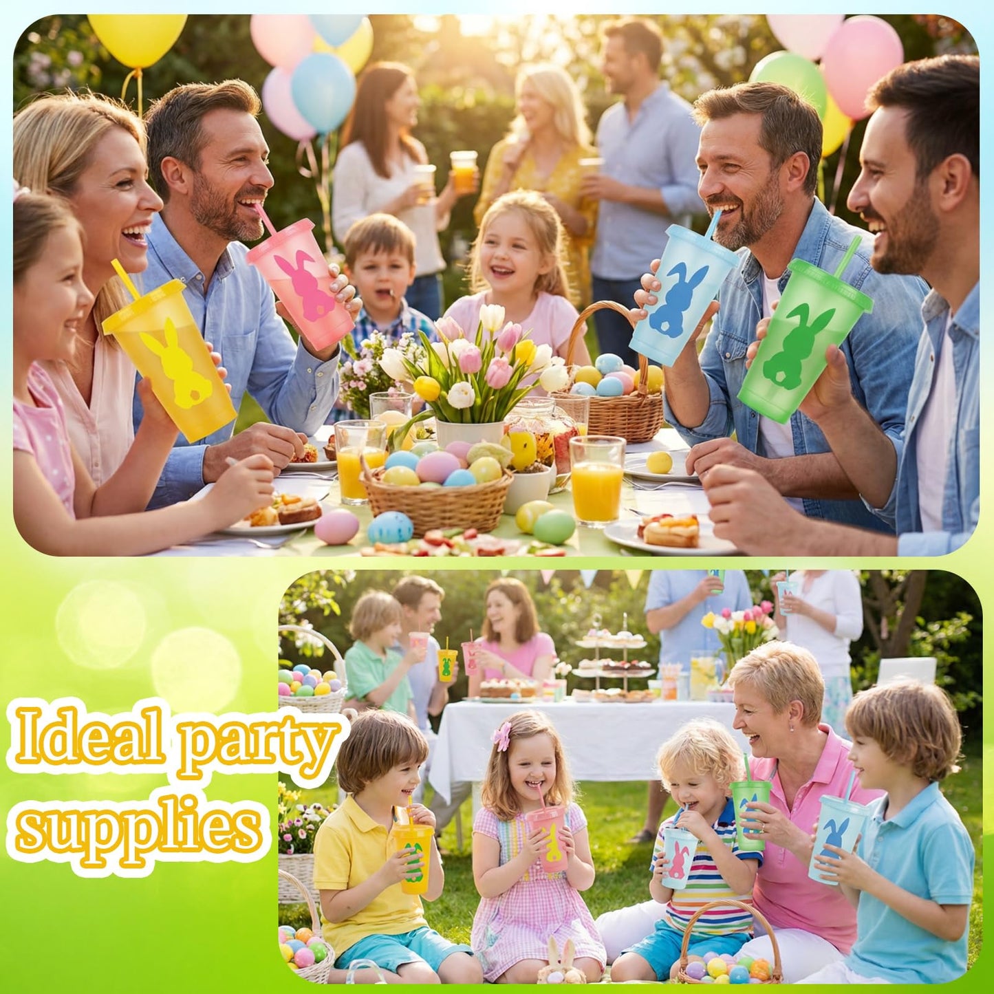 Willinglong 12 Set / 60 Pcs Easter Gift Include 24 oz Tumbler with Lids and Straws, Bunny Notebook, Colorful Pen for Easter Party Favor Basket Stuffers Classroom Prizes Gifts