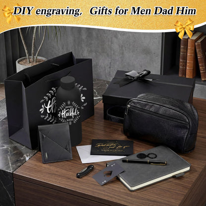 Mimorou 13 Pcs Gift Sets for Men, Thank You Gift Baskets 16.9 oz Sports Water Bottle & Leather Toiletry Bag with Wallet Knife, Birthday Fathers Day Care Package for Dad, Husband