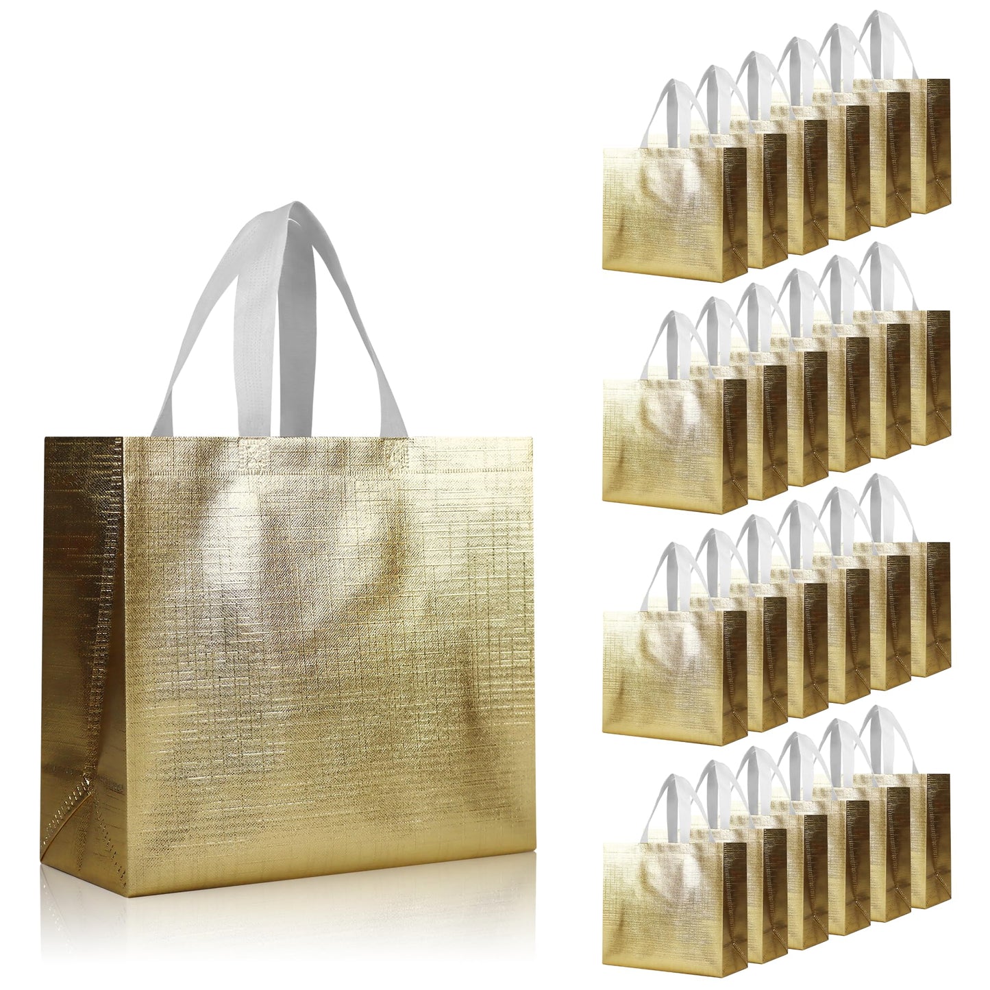 cabzymx 25 Pcs Gold Reusable Gift Bags with Metallic Design, Non-woven Gift Bag Bulk with Handles, Glossy Party Bags for Wrapping Gifts, Birthday, Wedding, Parties, Graduation-12.6x4.7x11 In