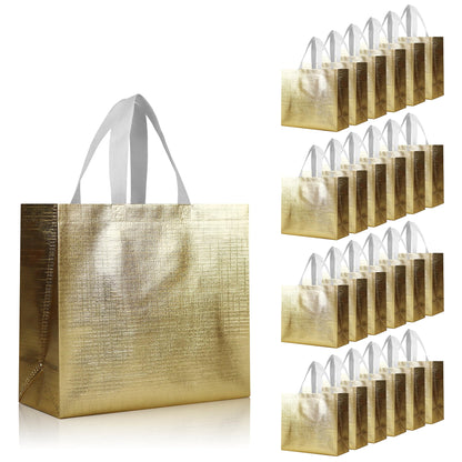 cabzymx 25 Pcs Gold Reusable Gift Bags with Metallic Design, Non-woven Gift Bag Bulk with Handles, Glossy Party Bags for Wrapping Gifts, Birthday, Wedding, Parties, Graduation-12.6x4.7x11 In
