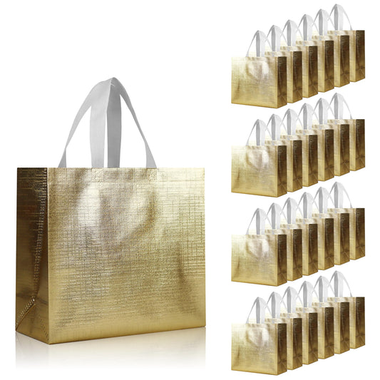 cabzymx 25 Pcs Gold Reusable Gift Bags with Metallic Design, Non-woven Gift Bag Bulk with Handles, Glossy Party Bags for Wrapping Gifts, Birthday, Wedding, Parties, Graduation-12.6x4.7x11 In