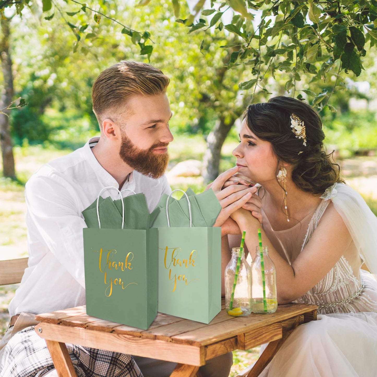 Whaline 30Pcs Sage Green Thank You Paper Gift Bags 6.3 x 3.1 x 8.7 inch 3 Colors Gold Foil Thank You Party Favor Bag with Handle 40 Sheet Tissue Paper for Wedding Birthday One Lucky Duck Gift Wrapping