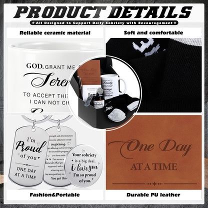 8 Pcs Sobriety Gifts for Men Women Sober Anniversary Present Set Alcoholics Anonymous Gifts Include Mug Socks Candle Journal Pen Sober Card Coin & Keychain Meaningful Sobriety Black Gift Box