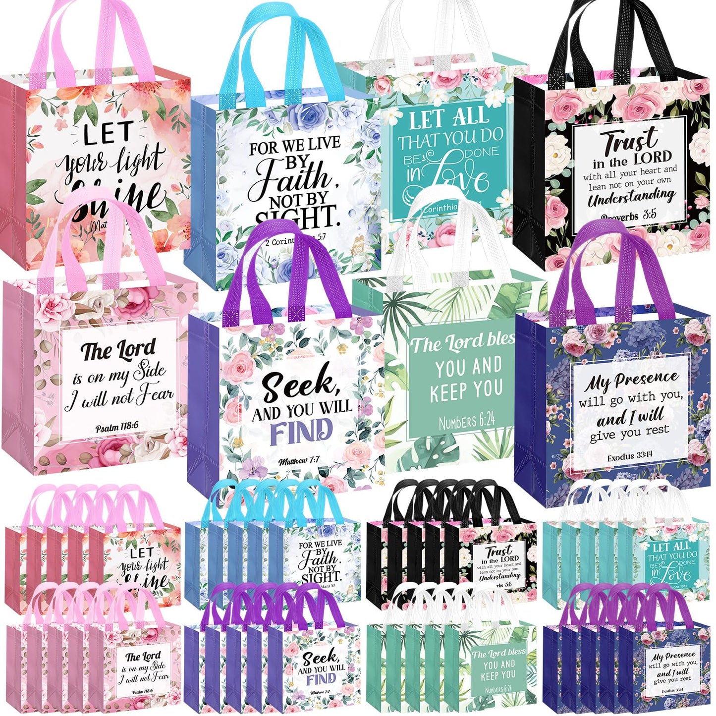 Riakrum 32 Pcs Religious Gift Bags Bulk for Women, Non Woven Christian Gift Bag with Handle, Reusable Flower Religious Baptism Bible Verse Tote for Eid Easter Catholic Theme Party Favors