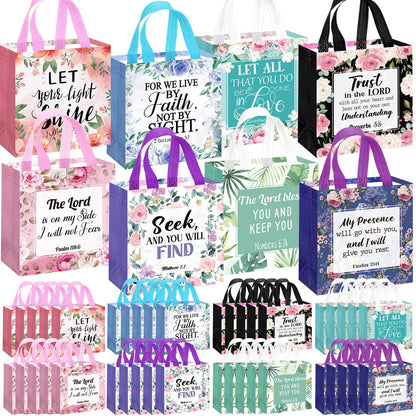 Riakrum 32 Pcs Religious Gift Bags Bulk for Women, Non Woven Christian Gift Bag with Handle, Reusable Flower Religious Baptism Bible Verse Tote for Eid Easter Catholic Theme Party Favors