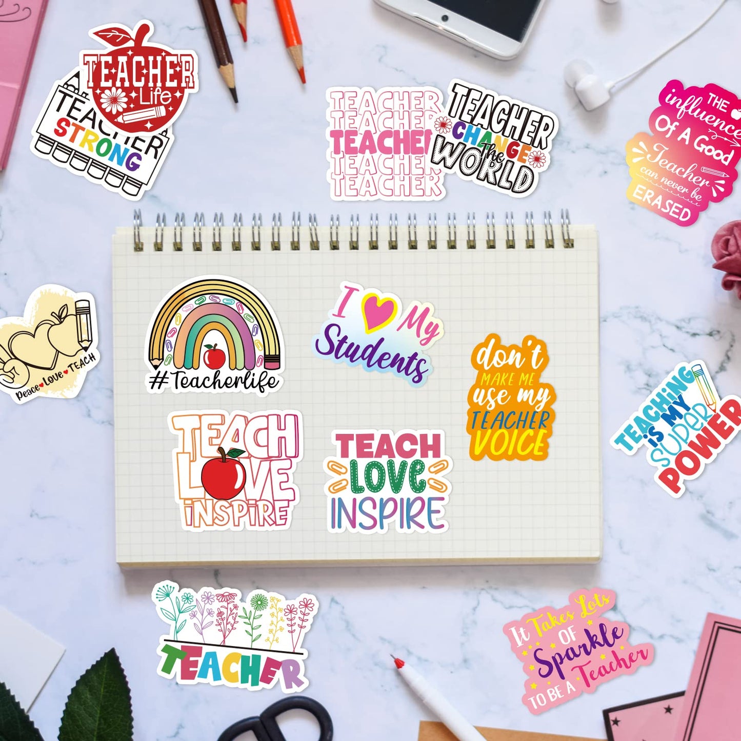 Fancy Land Teacher Stickers Vinyl Waterproof Teacher Appreciation Gifts for Laptop Water Bottle Back to School Supplies 100Pcs