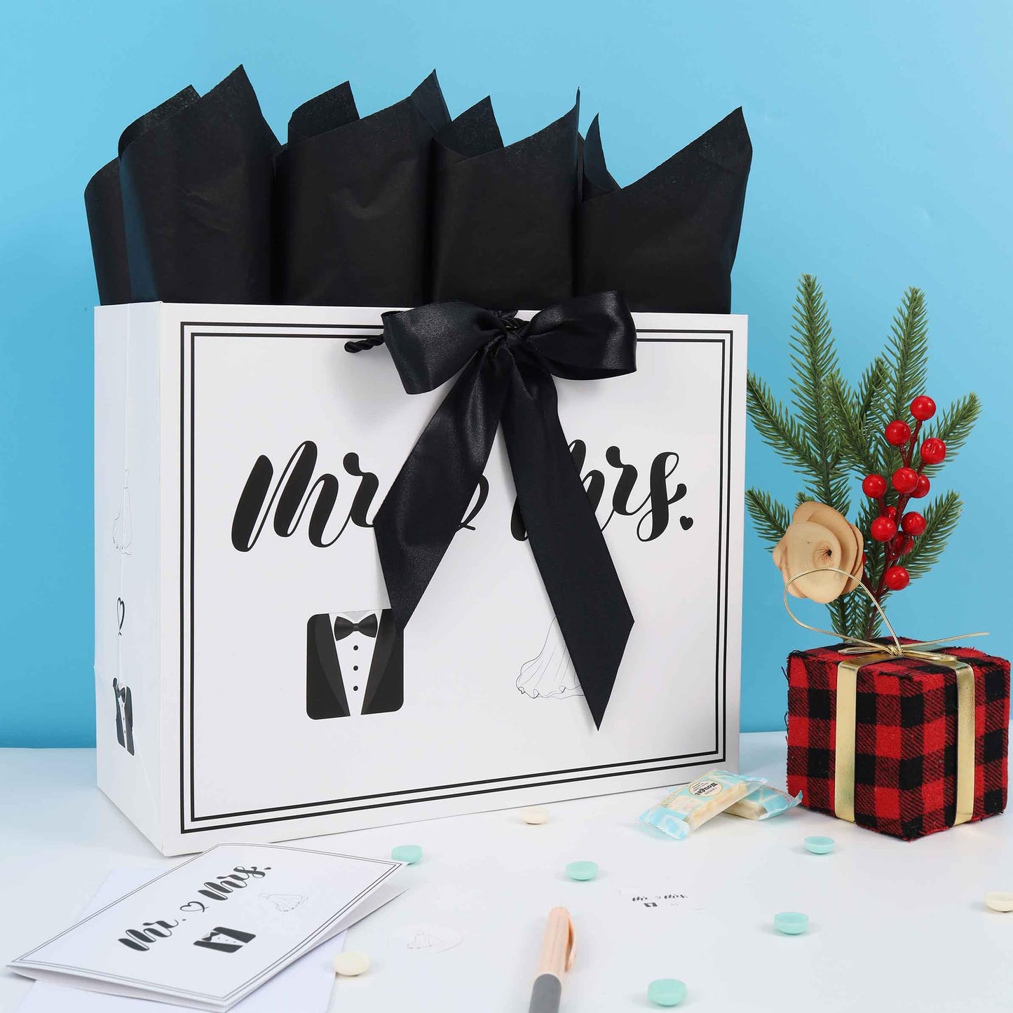 wishinside 13” Large Wedding Gift Bag Set with Handles, Greeting Card, Tissue Papers and Stickers for Bridal Shower Anniversary Engagement Newlyweds Couple, Elegant Mr. & Mrs. Design, 1 Pcs