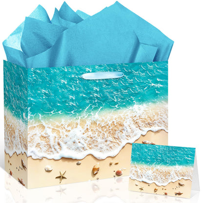 TagreSpike Beach Gift Bag with Tissue Paper and Card Summer Beach Goodie Candy Bags Seashell Blue Ocean Wave Summer Pool Party Favors Supplies for Holiday Birthday Wedding Luau Tropical Party